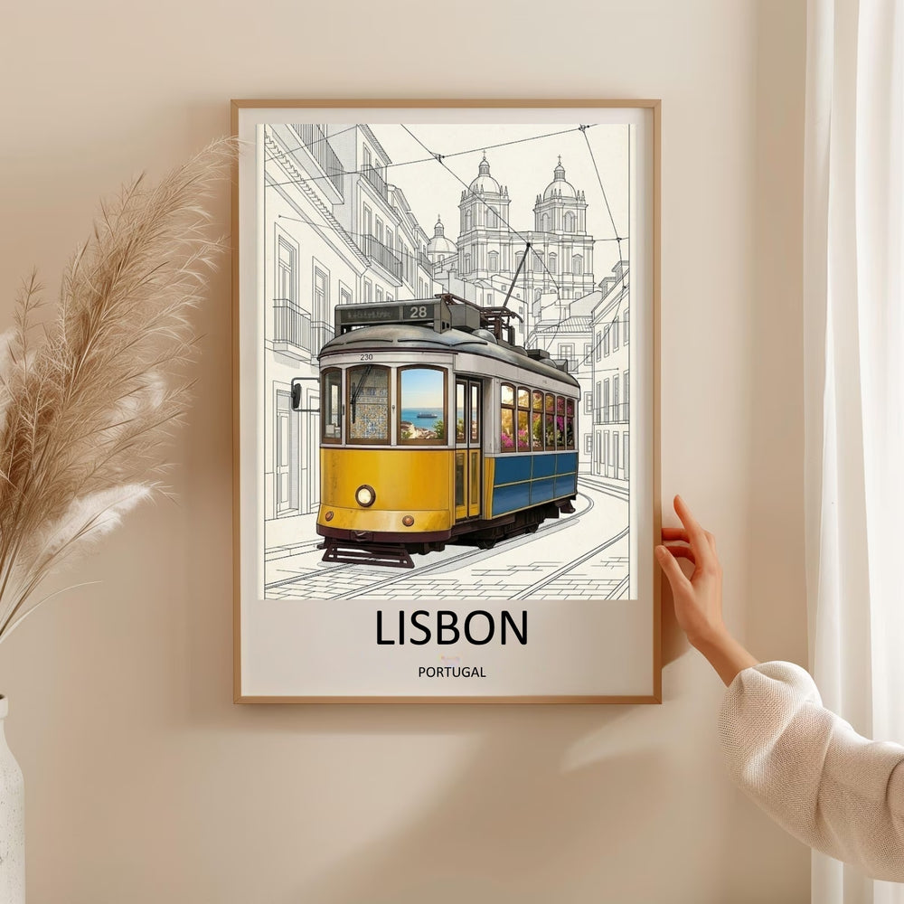 Premium framed wall art print showcasing a vibrant yellow and blue classic Lisbon tram contrasted cleanly against a monochrome, technical sketch of traditional Portugal buildings.