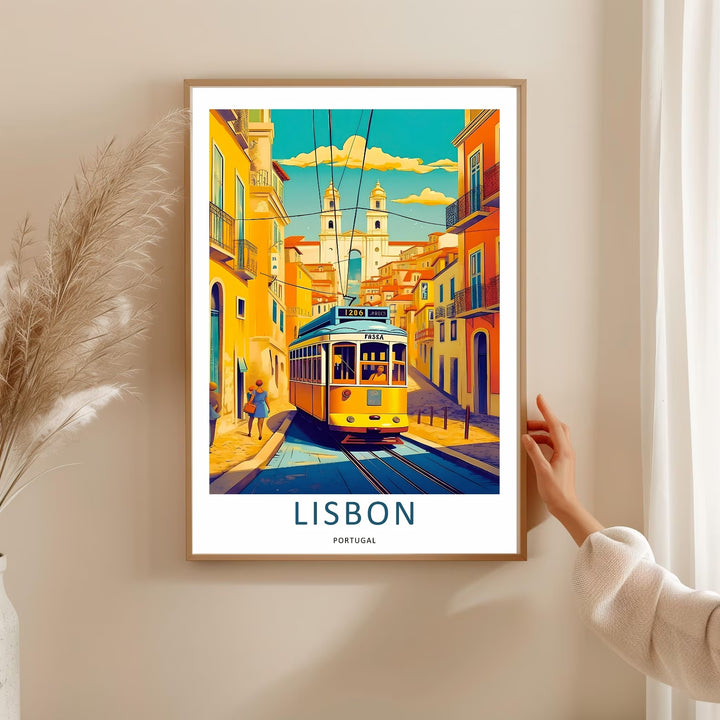 Clean graphic design poster focusing on a vintage Lisbon transportation theme. The composition uses precise vectors to define a historic rail car passing by old-world European apartments.