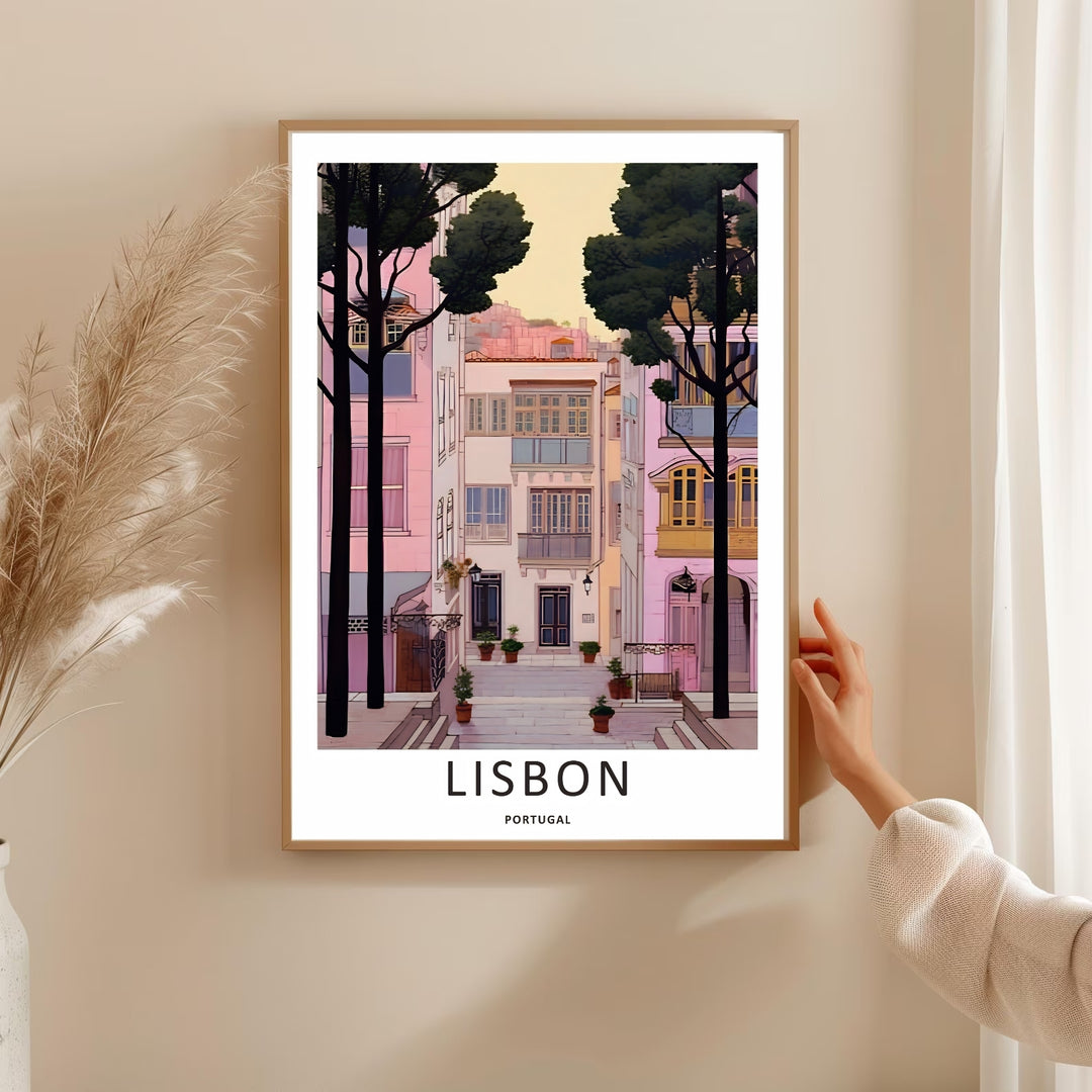 Museum-style presentation of a wooden framed Lisbon print by MapYourDreams, detailing a modern minimalist illustration of historic European townhome architecture.