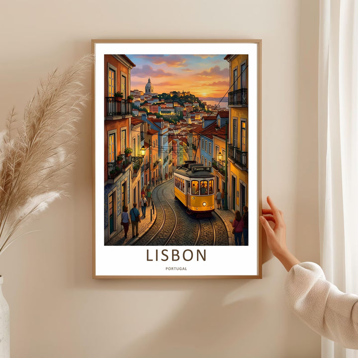 Artistic travel wall decor print from MapYourDreams showcasing the historic Lisbon architecture of Alfama, with saturated orange facades and a bold yellow trolley creating an energetic sunny daytime landscape.