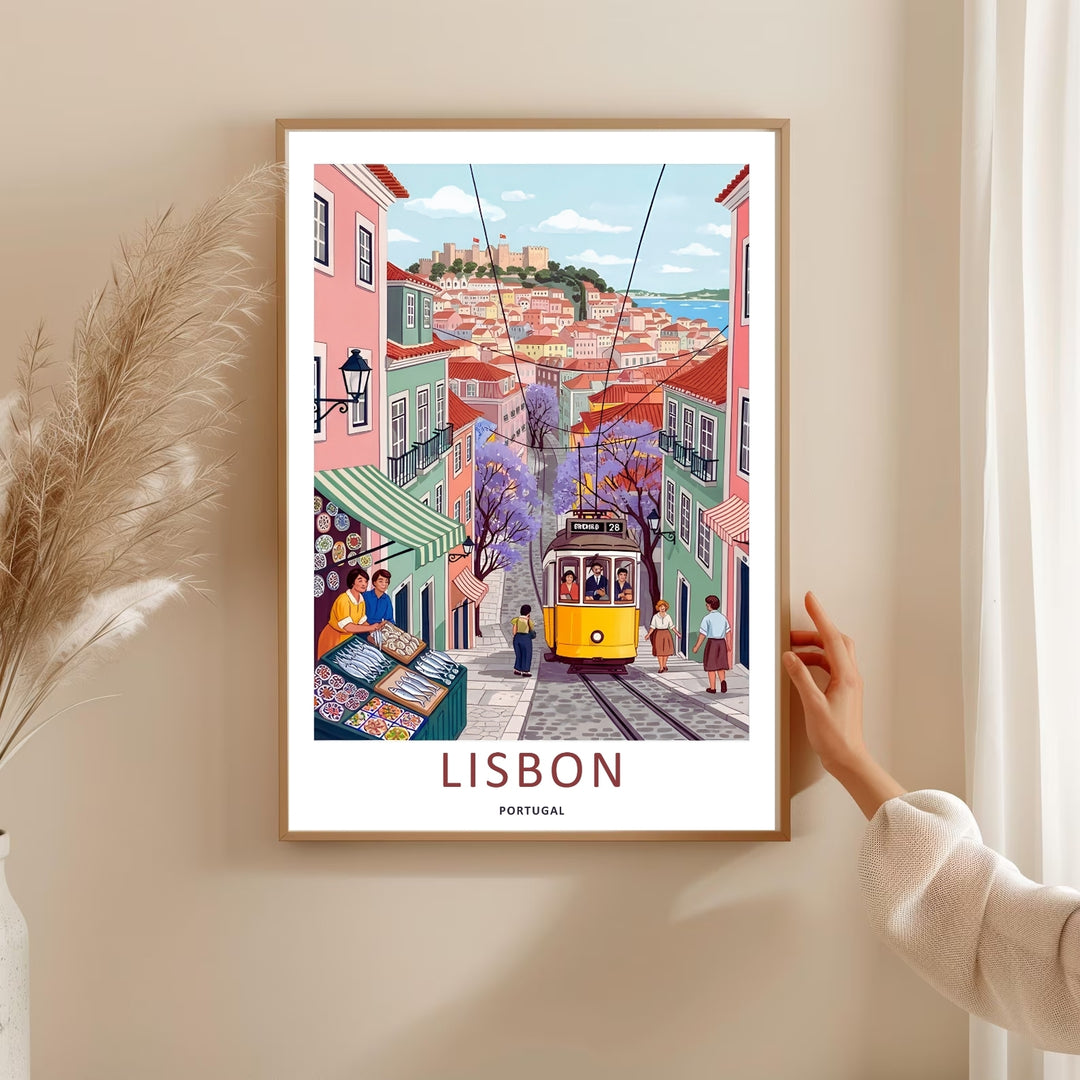 Close-range view of the typography border on a Lisbon illustration print from MapYourDreams, framing a lively architectural neighborhood scene with crisp white margins.