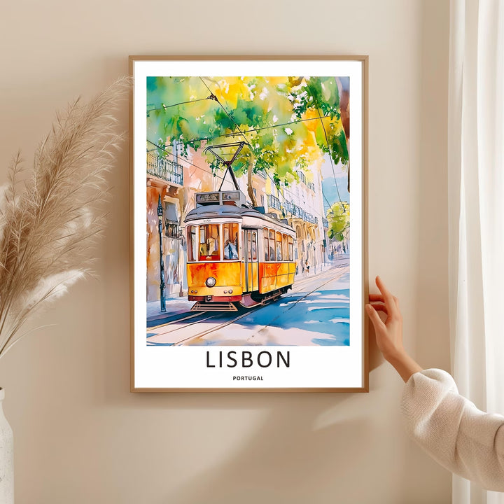 Close-range framing of the bottom margin on a Lisbon watercolor print from MapYourDreams, showing clean typography centered below a bright impressionist painting.