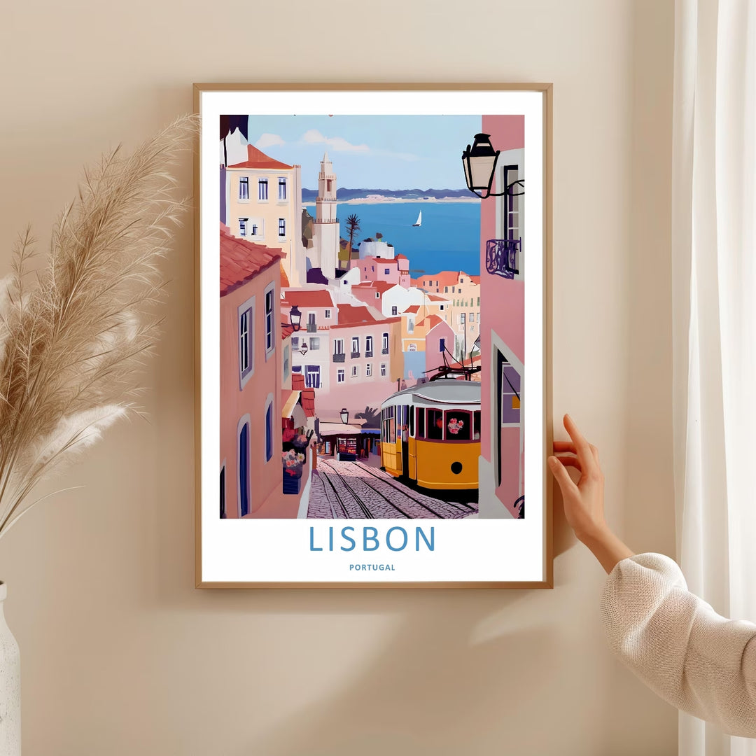Museum-style presentation of a canvas Lisbon print by MapYourDreams, detailing a white cathedral steeple rising above a pastel pink coastal neighborhood.