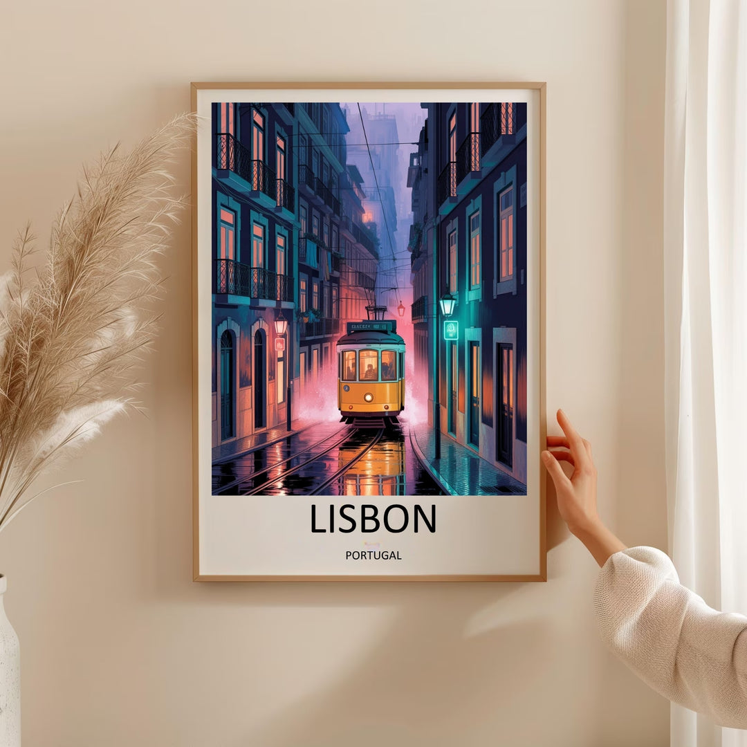 Close-up of clean sans-serif text layout on an off-white poster border beneath a moody contemporary graphic illustration of the iconic Lisbon tram.