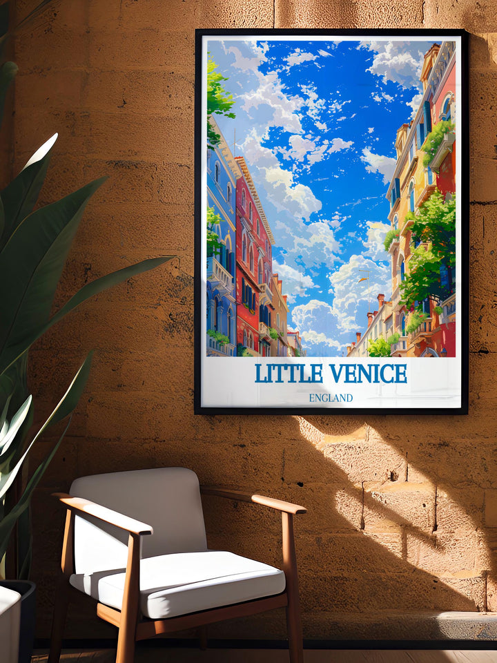 Poster of Little Venice Mews in spring, capturing the areas charm and the vibrant life along the canals.