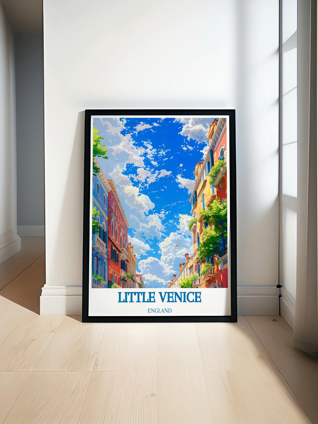 Fine art print of Little Venice showcasing the calm canals and vibrant narrowboats, ideal for urban themed decor.