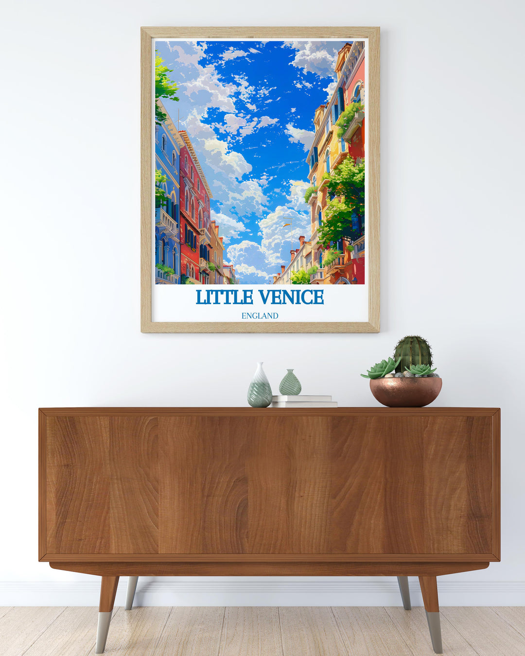 Travel poster of Little Venice, capturing the picturesque canals and narrowboats, great for anyone who loves Londons cityscapes.