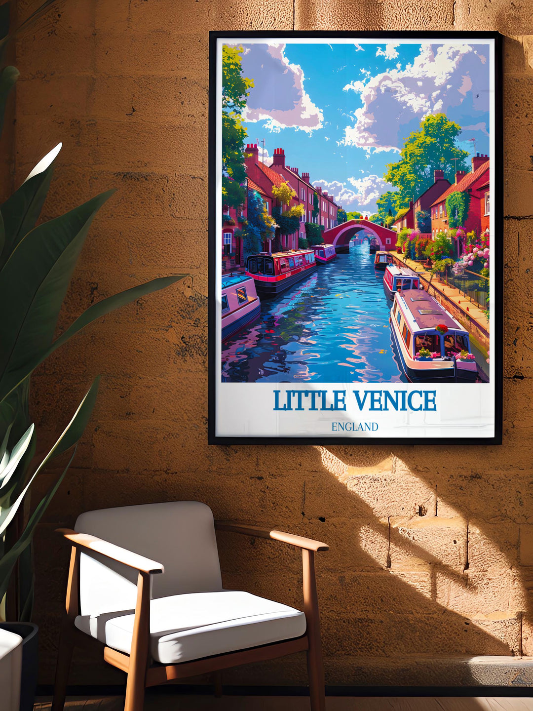 Framed art piece featuring the architecture and boats of Little Venice, suitable for classical and modern interiors.
