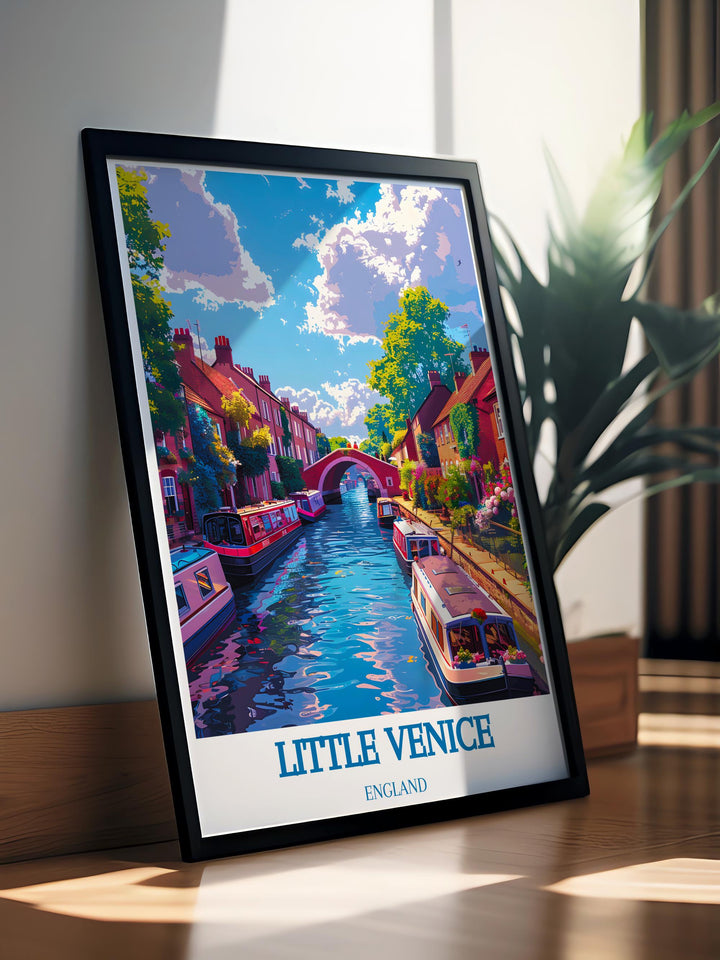 Detailed artwork of narrowboats on Little Venice, ideal for lovers of unique urban landscapes.