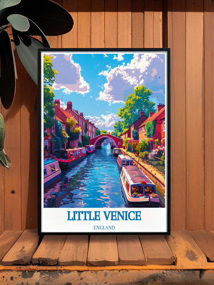 Vintage style travel poster of Regents Canal, merging retro aesthetics with modern London sights.