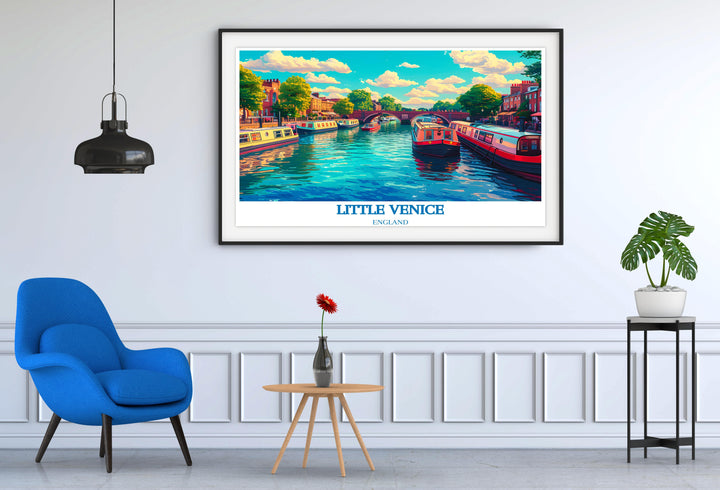 Framed artwork of Regents Canal, showcasing its tranquil waters and lush surroundings, ideal for creating a peaceful ambiance.