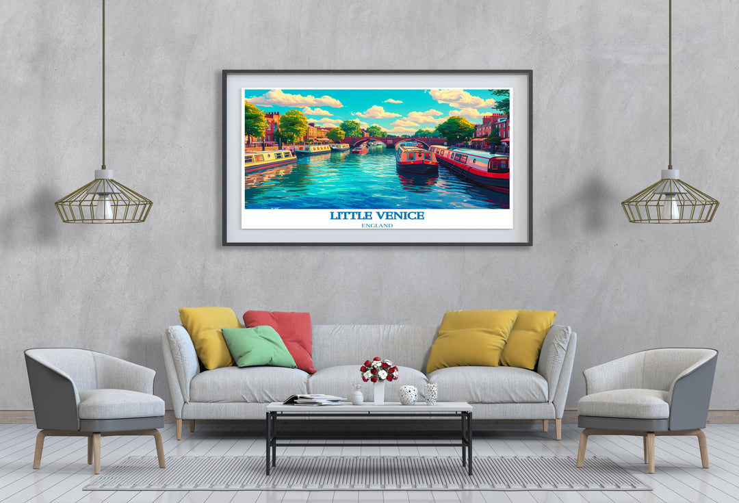 Detailed print of Regents Canal with narrowboats, ideal for adding a nautical theme to your decor.