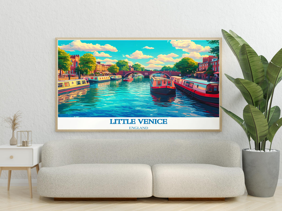 Framed artwork of Regents Canal, showcasing its tranquil waters and lush surroundings, ideal for creating a peaceful ambiance.