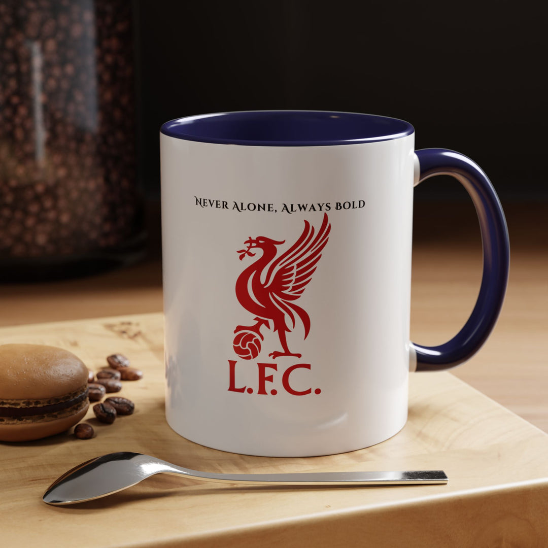 A navy blue Liverpool FC mug with the crest displayed clearly against the deep, classic tone. Photographed in an elegant desk or study environment, making it an ideal choice for supporters who prefer subtle, timeless expressions of loyalty while enjoying warm beverages throughout daily routines.