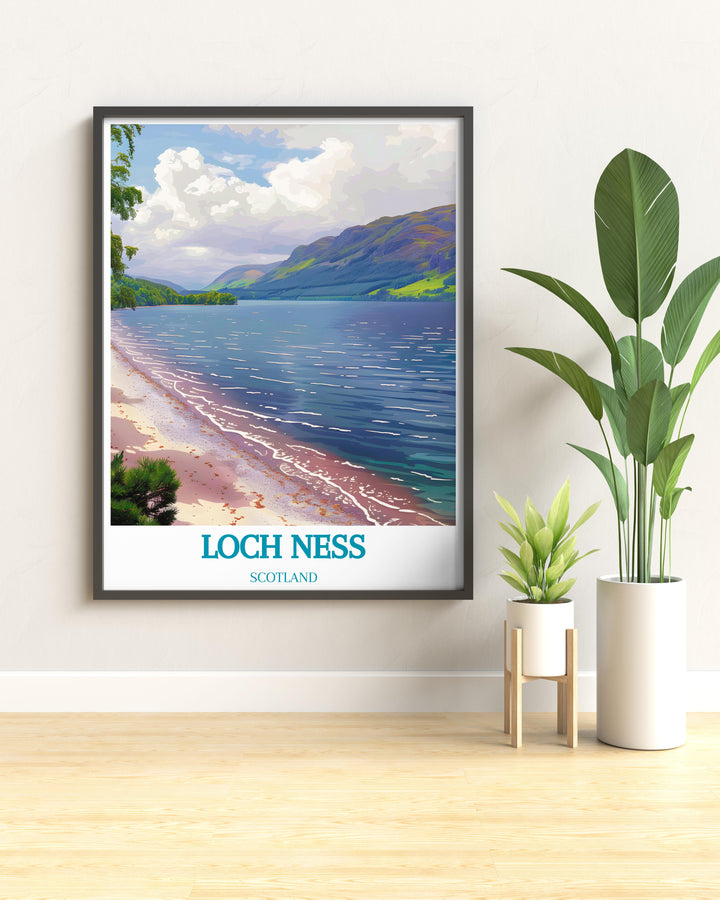 Travel poster of Loch Ness, emphasizing the iconic lake and its legendary stories, great for adventure enthusiasts.