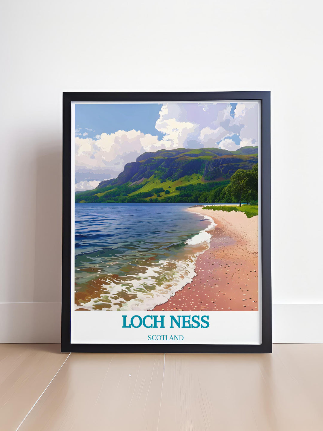 Travel inspired art print of Loch Ness, highlighting the famous lake and its surrounding natural beauty.