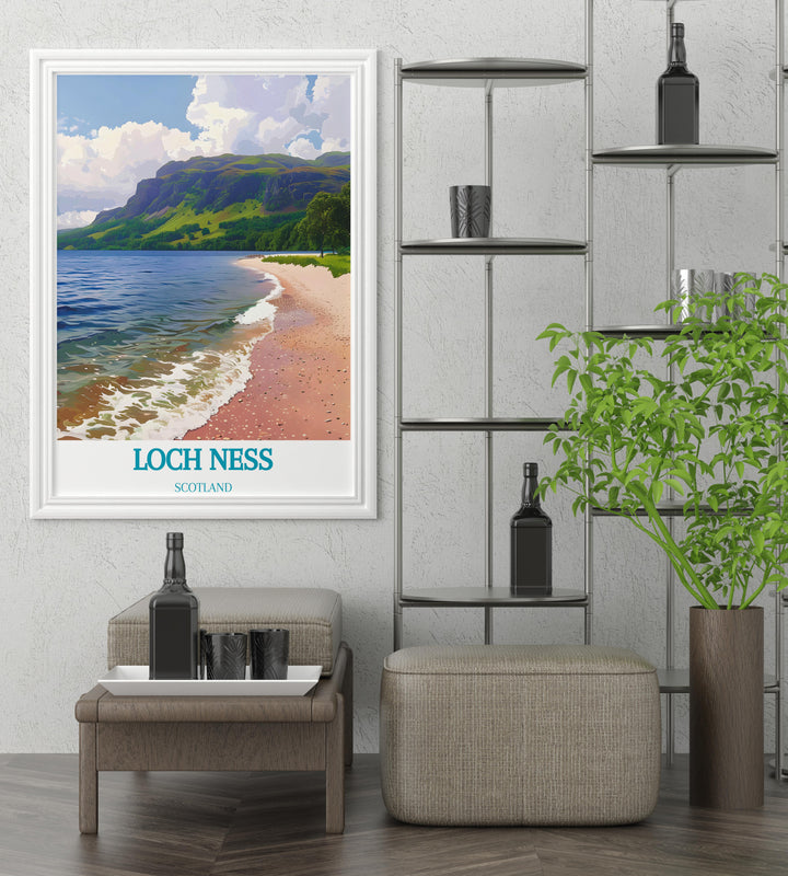 Detailed retro poster of Dores Beach, blending historical art styles with modern printing for a unique home decoration.