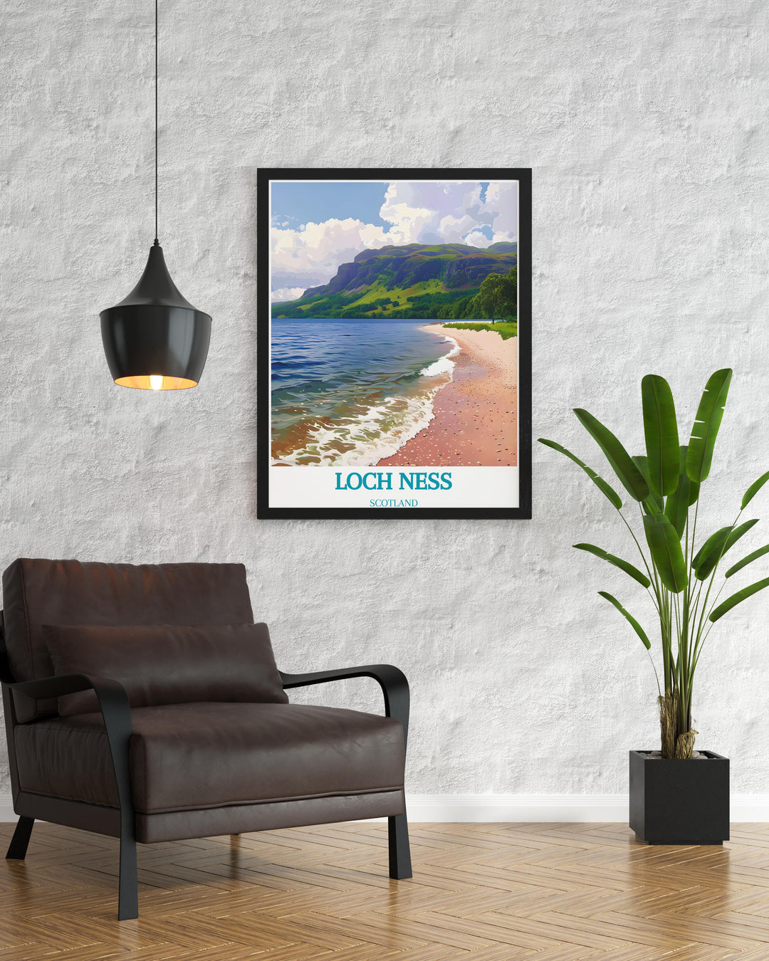 Artistic portrayal of the tranquil waters of Loch Ness, showcasing the peaceful scenery ideal for any living space.