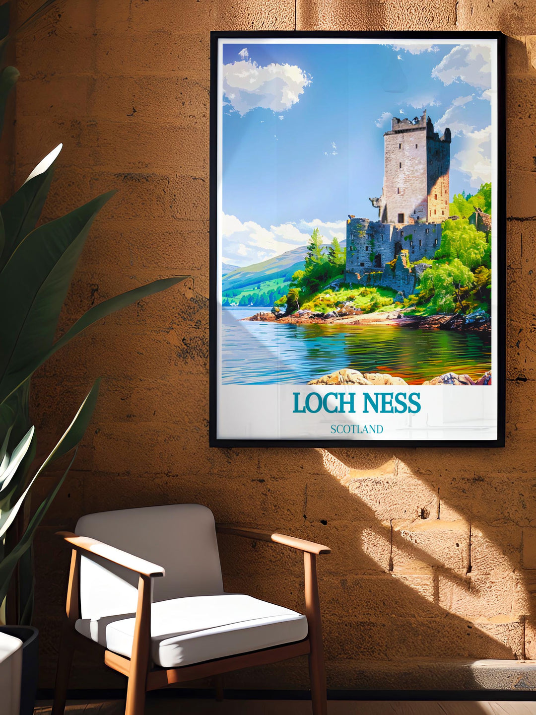 Poster featuring the iconic view of Urquhart Castle on a misty morning, capturing the mystique of Scottish legends.