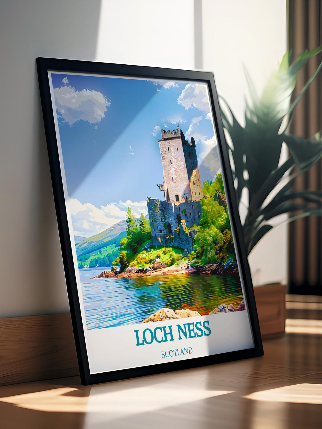 Custom print of the Scottish Highlands, allowing personalization with scenes from around Loch Ness and Urquhart Castle.