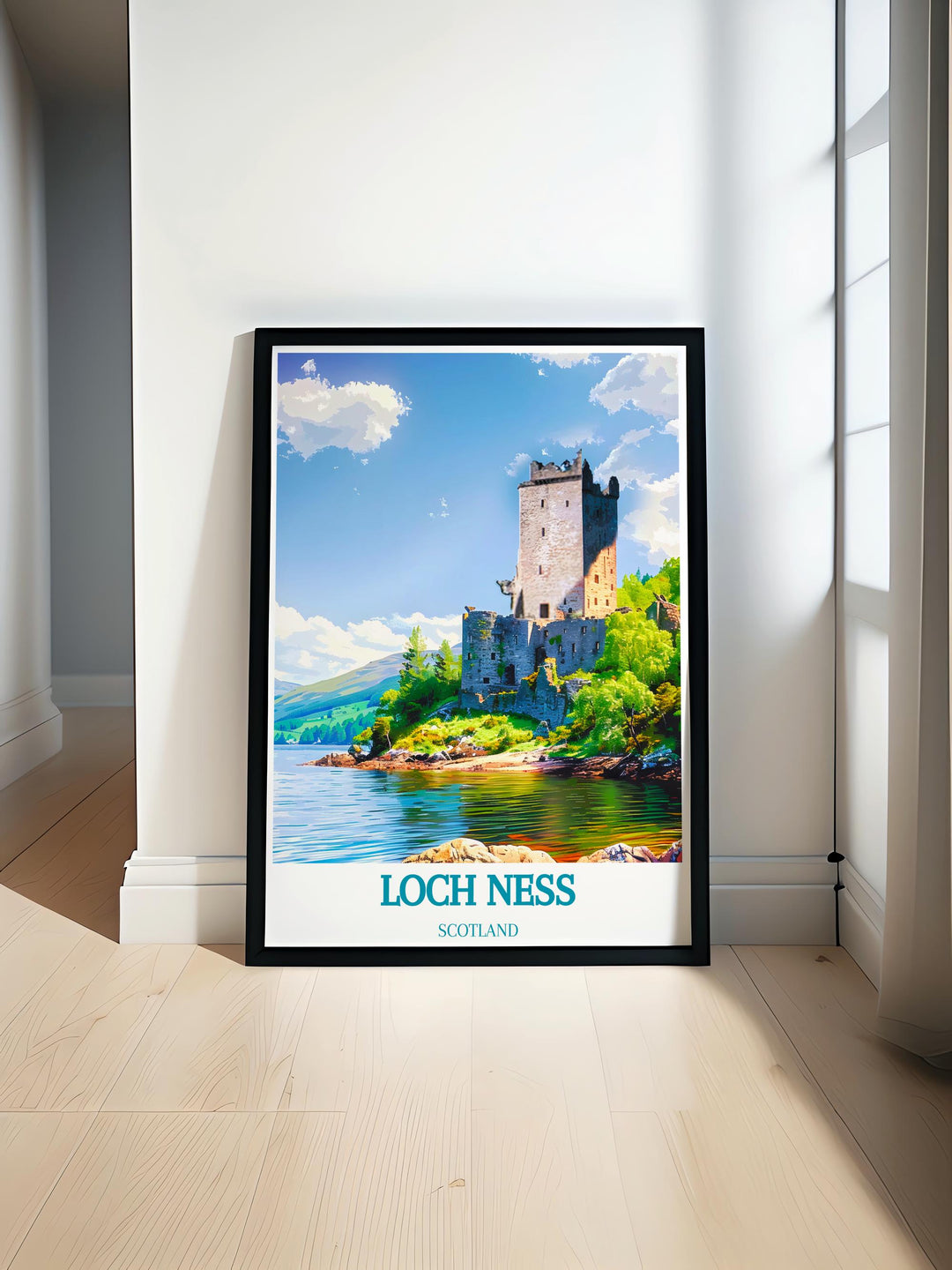 Wall art of Urquhart Castle, showcasing its historical ruins and beautiful scenery, ideal for lovers of Scottish heritage.