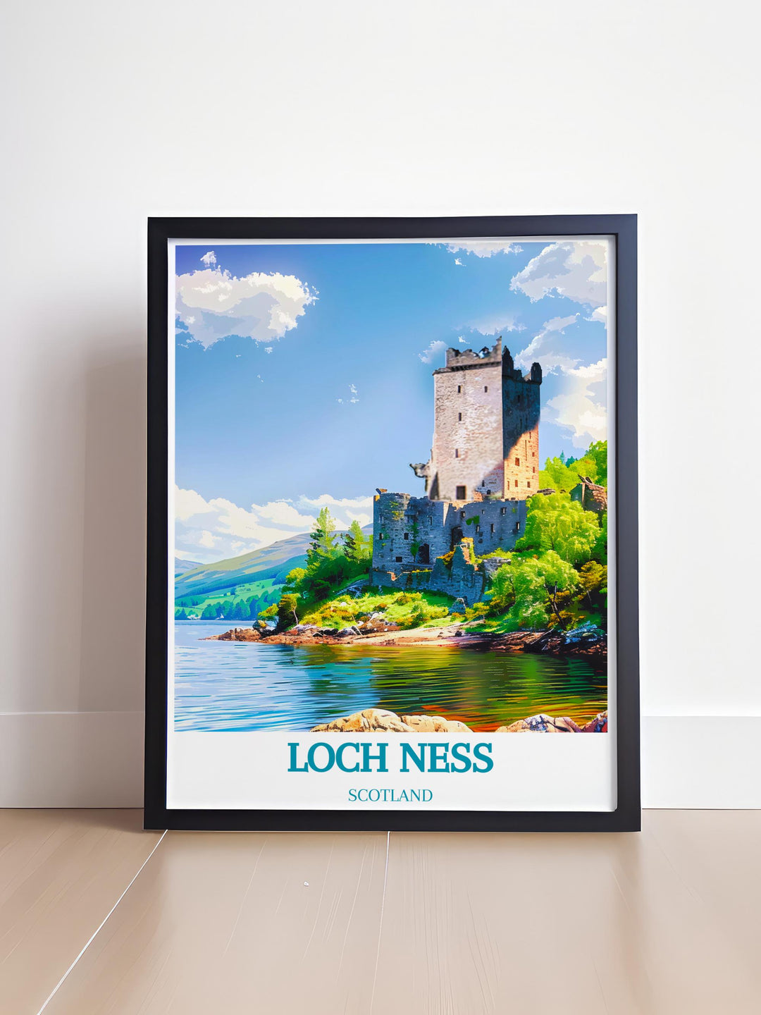 Print of Urquhart Castle, capturing detailed views of its ancient architecture against the backdrop of Loch Ness.