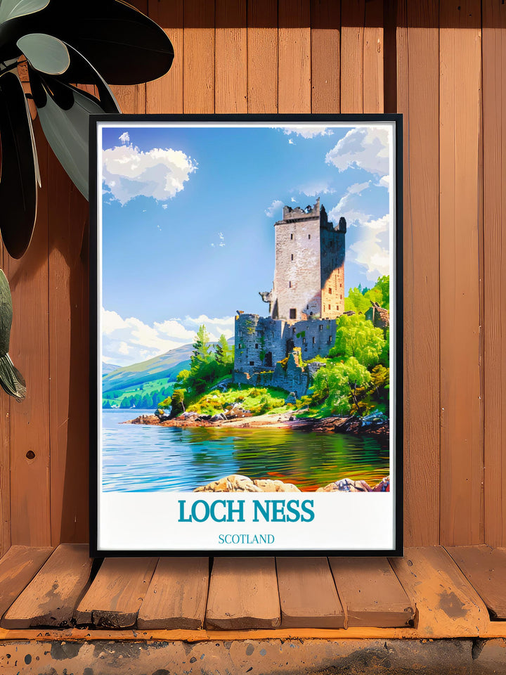 Vintage style travel poster of Loch Ness and Urquhart Castle, blending retro charm with modern design.