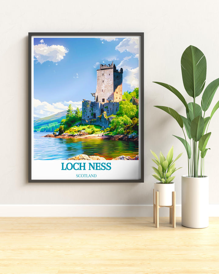 Travel poster highlighting the dramatic landscapes of Scotland, from Urquhart Castle to the remote Highlands.