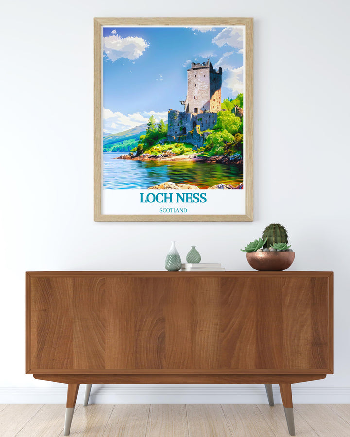 Artwork depicting the serene waters of Loch Ness with Urquhart Castle in the foreground, perfect for historical and nature enthusiasts.