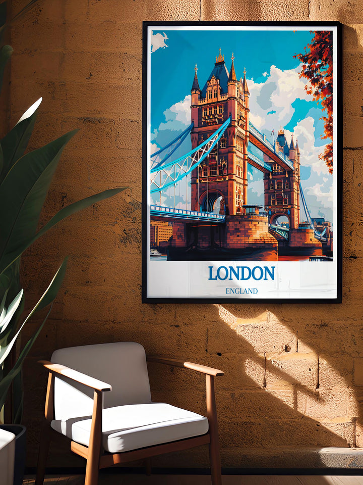 Framed art piece of Tower Bridge, showcasing its iconic suspension design and historical importance.