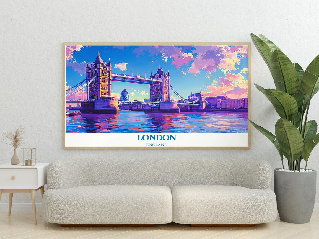 Fine art print of London, featuring iconic landmarks including Tower Bridge and Clissold Park.