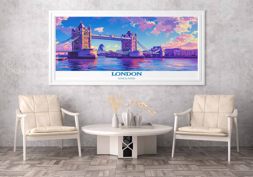 Artistic portrayal of Londons dynamic streets and historic buildings, ideal for urban art enthusiasts.