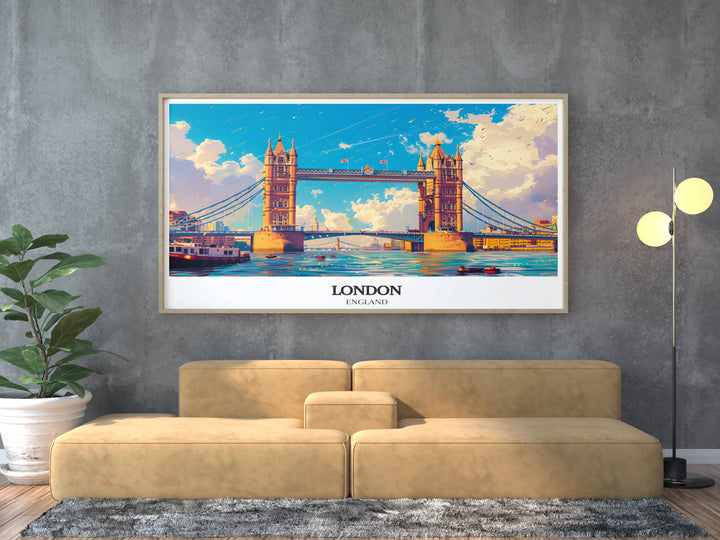 Panoramic canvas art of Tower Bridge, capturing the sweeping views of the Thames and the London skyline.