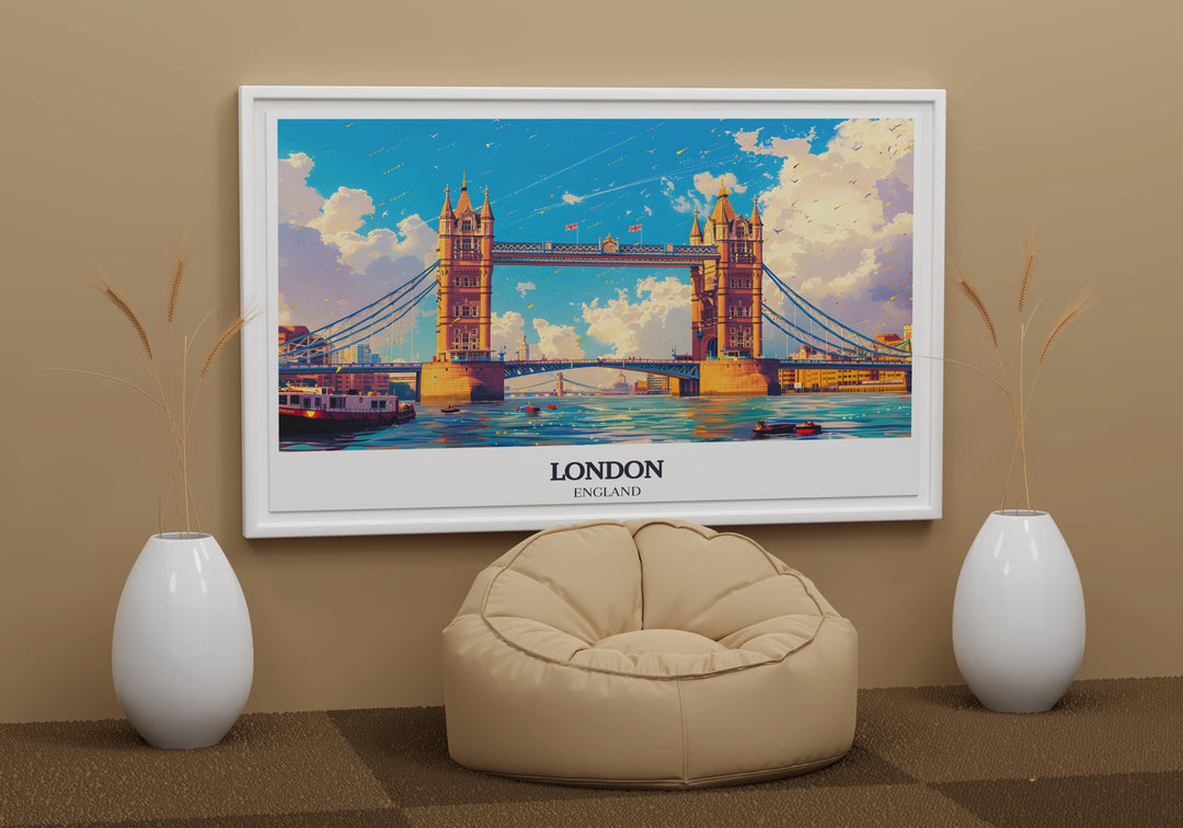 Artistic representation of Tower Bridge, highlighting its grandeur and architectural detail for urban art collectors.