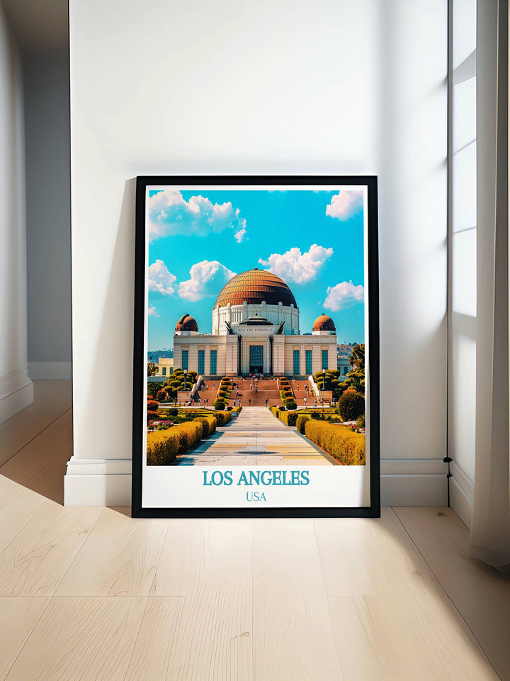 Fine art print showcasing Griffith Observatory with a backdrop of Los Angeles skyline, perfect for any home office.