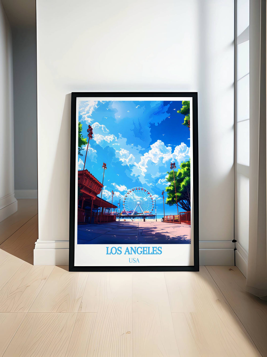Framed art of Santa Monica Pier, capturing the vibrant atmosphere and ocean views, perfect for seaside decor.