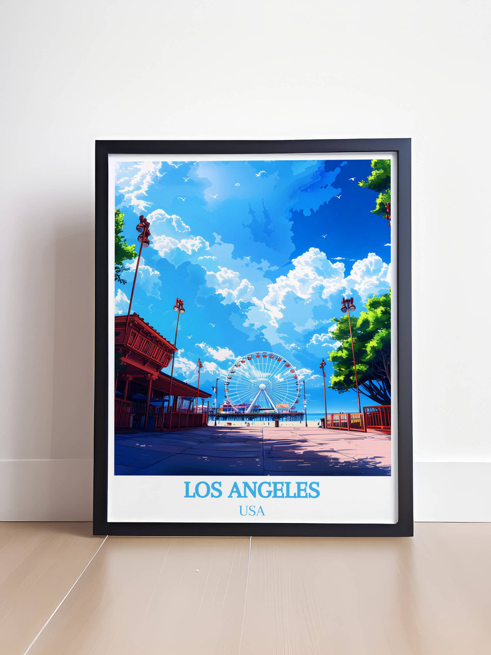 Vintage poster of Santa Monica Pier, ideal for adding a touch of retro style to your living space.