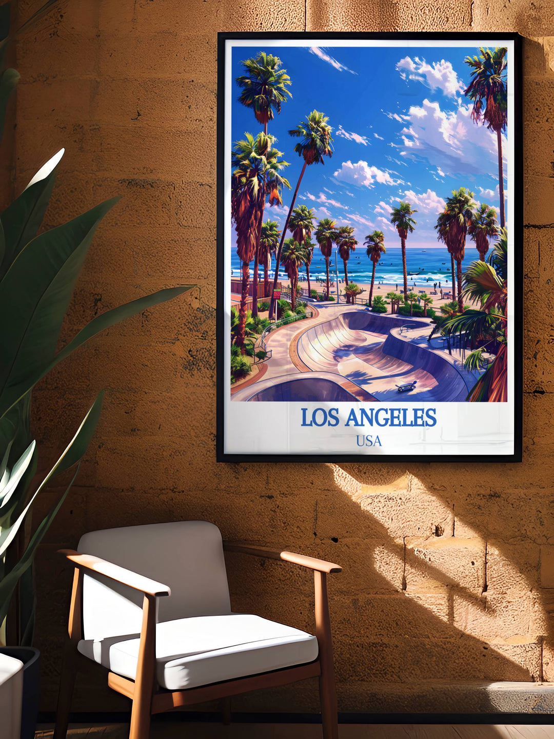 Artistic print of Venice Beach Boardwalk, capturing the vibrant atmosphere and oceanic backdrop.