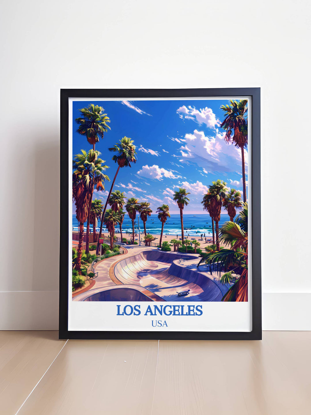 Los Angeles city art, highlighting modern architecture and bustling street life.