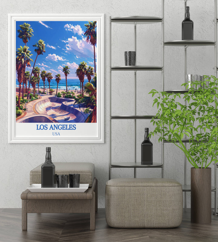 Vibrant portrayal of Venice Beach Boardwalk with its lively crowds and palm lined vistas.