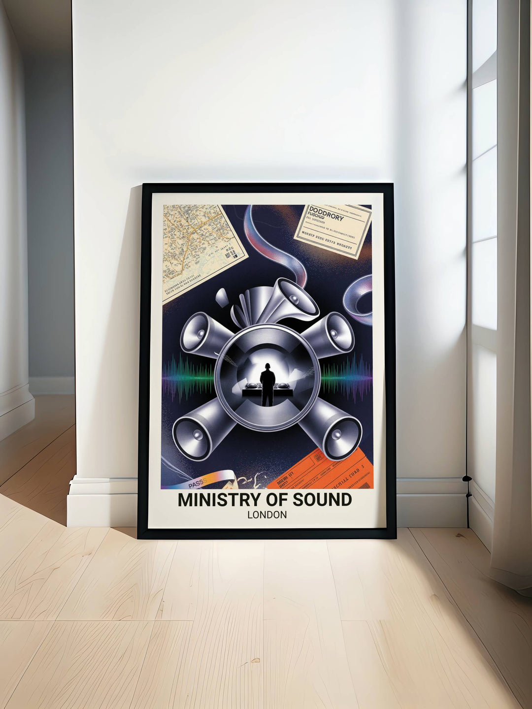 Experience the sonic pressure of London’s most iconic dancefloor with this premium Ministry of Sound wall art from Map Your Dreams, featuring a fisheye view of The Box and silver speaker stacks.