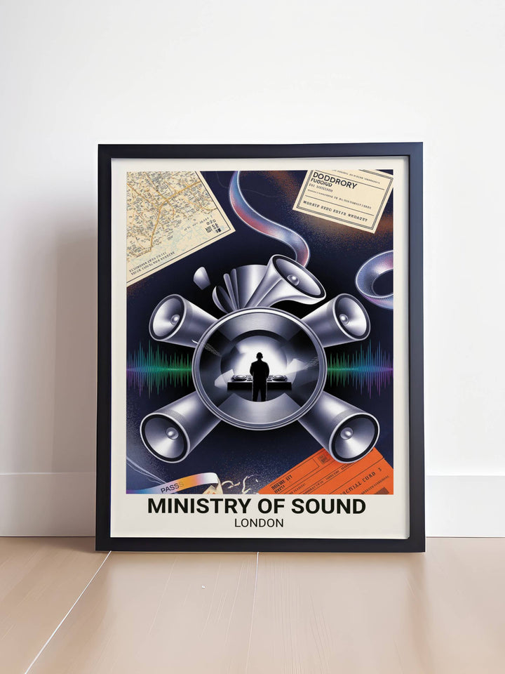 From the converted bus garage to your living room—this Map Your Dreams narrative art captures the raw industrial soul of Ministry of Sound in a stunning maximalist composition.