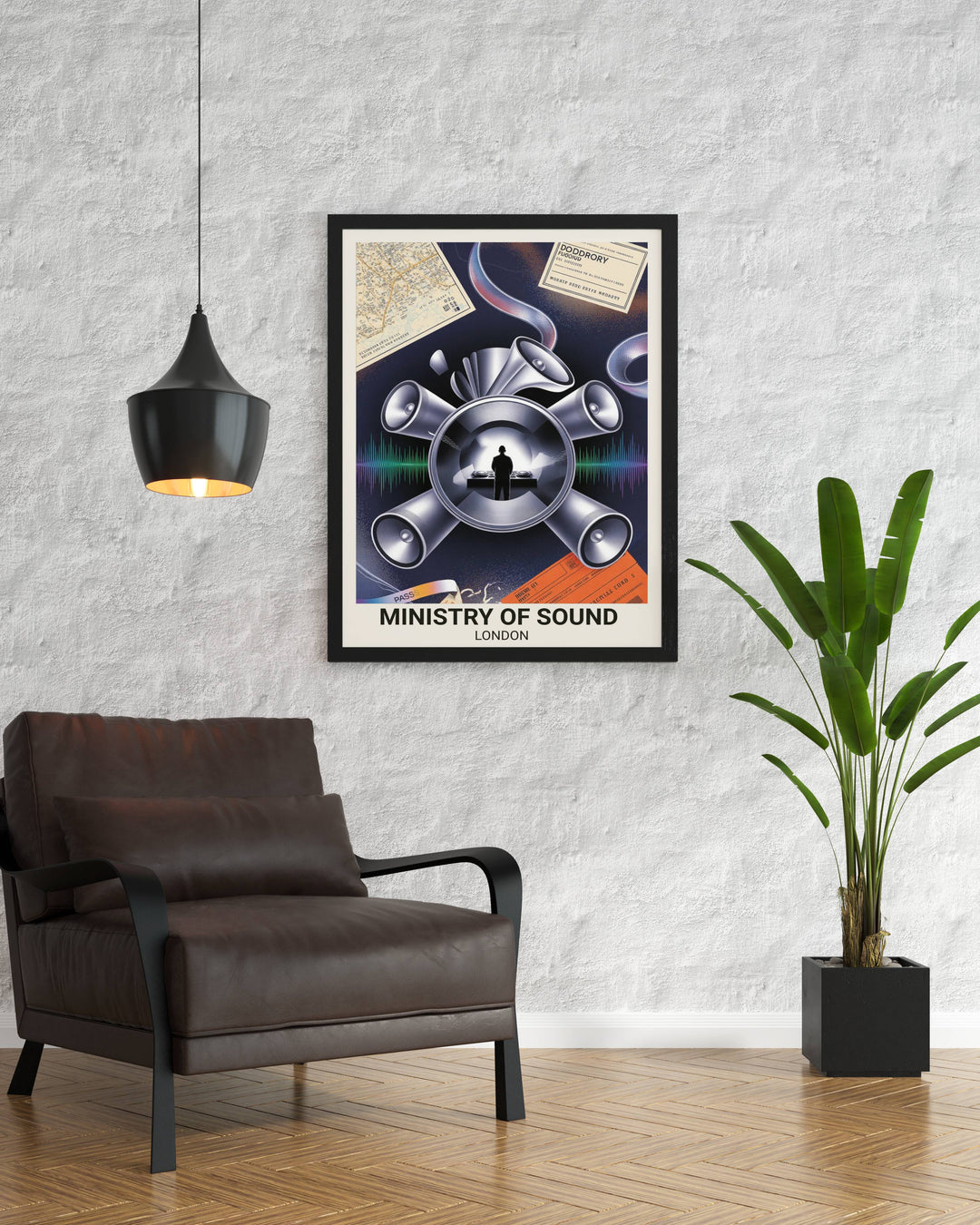 Feel the beat of the 90s with this high-contrast Ministry of Sound narrative poster, blending electric violet and safety orange accents in a gallery-ready white border.