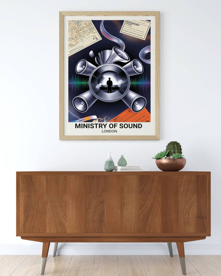 Own a piece of UK clubbing history with this maximalist Ministry of Sound print, showcasing a silhouetted DJ framed by massive silver speakers and vibrant neon soundwaves.