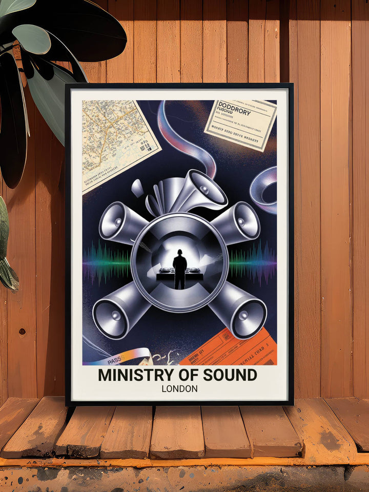 A visual journey through SE1: this premium nightclub poster by Map Your Dreams layers a vintage London map with authentic rave memorabilia and the iconic Ministry of Sound speakers.