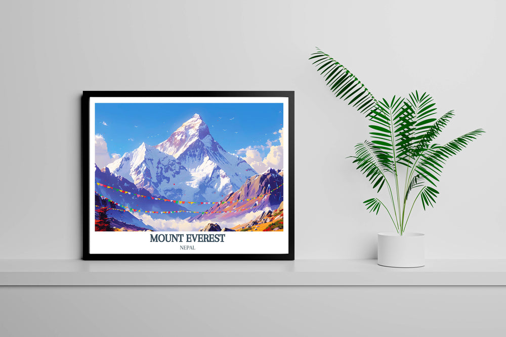 Framed art of Mount Everest captured at dawn, highlighting the golden hues over the snowy summit.