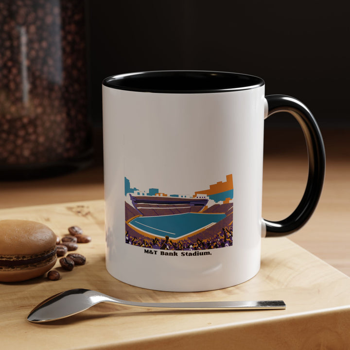 A black M&T Bank Stadium mug showcasing the iconic Baltimore football stadium in detailed print. The sleek black color provides a bold, modern look suitable for collectors, passionate fans, and daily coffee or tea drinkers. Perfect for showing subtle yet strong support for the Ravens.