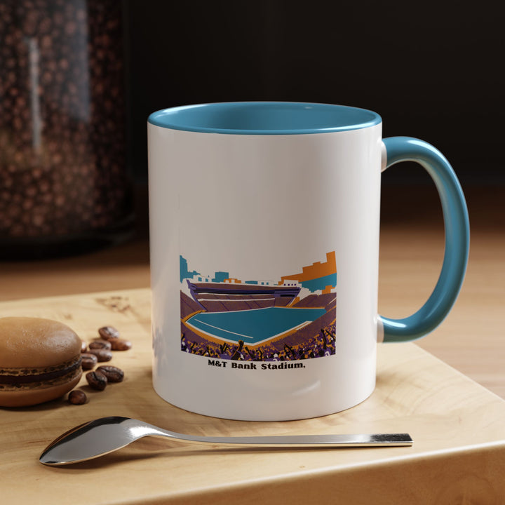 A blue M&T Bank Stadium mug with a vivid printed stadium artwork representing the Baltimore Ravens’ home field. The blue background highlights the design clearly and adds a refreshing look for fans who enjoy supporting the team every day. Ideal for morning coffee, evening tea, game-day gatherings, or as a collector’s item.
