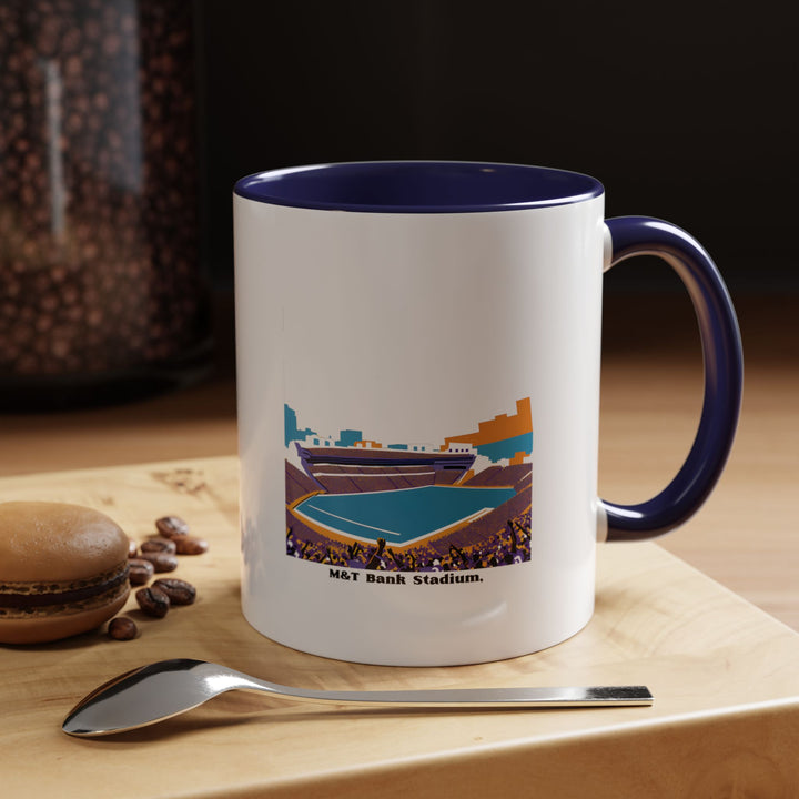A navy blue M&T Bank Stadium mug featuring the beloved Baltimore Ravens stadium artwork in strong print detail. The deep navy color gives the mug a refined, classic appearance that fits professional or casual settings. Ideal for football fans who want a stylish everyday drinkware piece.