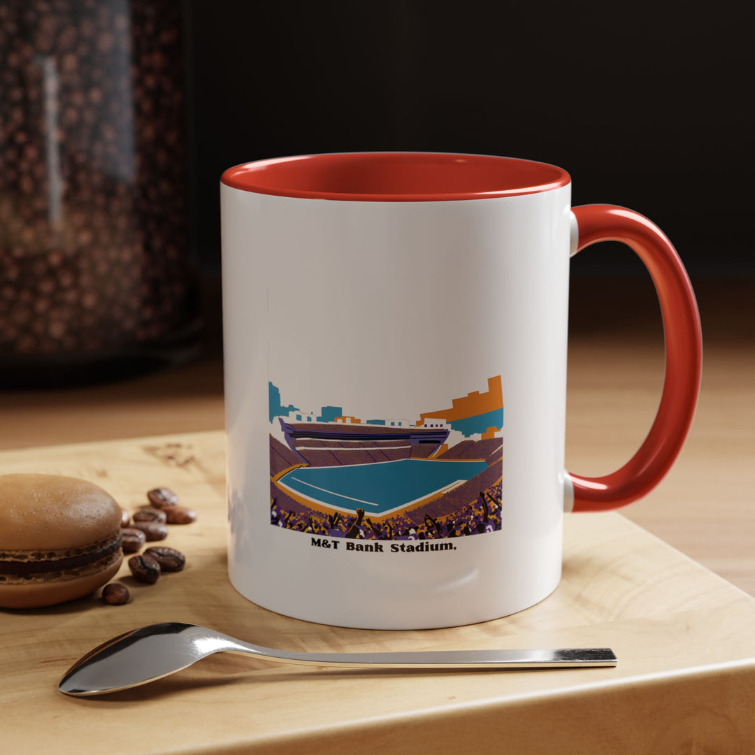 A red M&T Bank Stadium coffee mug featuring a detailed illustration of the Baltimore Ravens home stadium. The red color adds strong visual impact, making the mug stand out while celebrating Baltimore football pride. Perfect for fans who enjoy coffee, tea, or hot drinks and want to bring stadium atmosphere into daily routines or office moments.